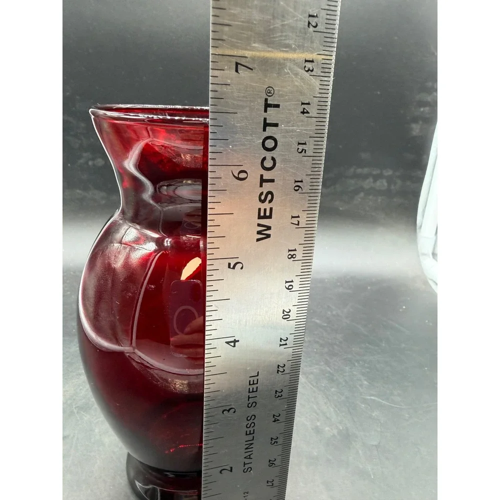 Vintage Ruby Red Glass Vase Paneled Pedestal Base Crimson Flower Bud Vase 6.25in